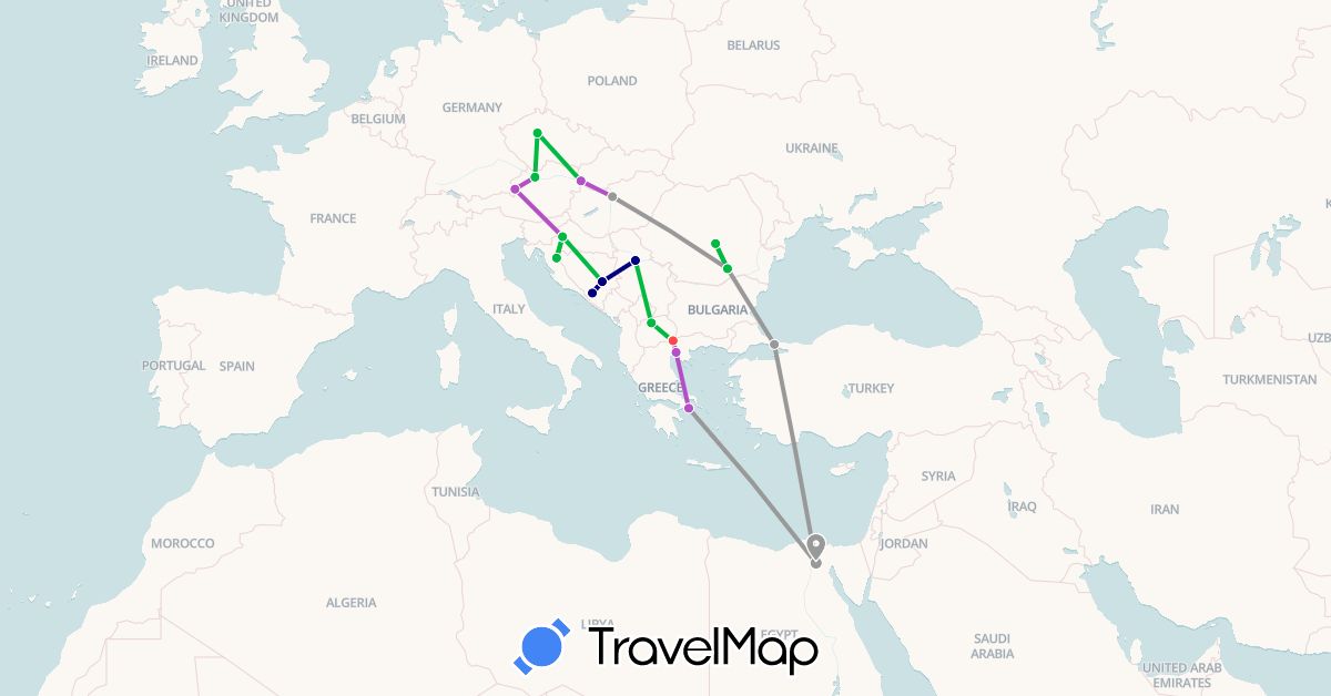 TravelMap itinerary: driving, bus, plane, train, hiking in Austria, Bosnia and Herzegovina, Czech Republic, Egypt, Greece, Croatia, Hungary, Macedonia, Romania, Serbia, Slovakia, Turkey (Africa, Asia, Europe)